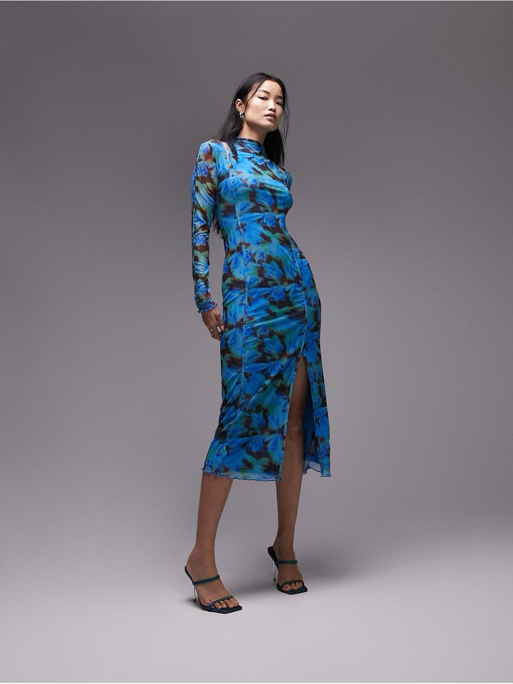 Topshop Blue Floral Long-Sleeve Midi Dress with Side‎ Slit